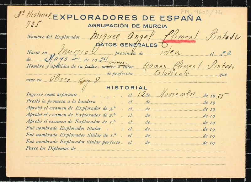 Ficha personal del explorador Miguel Ángel Climent Pintado