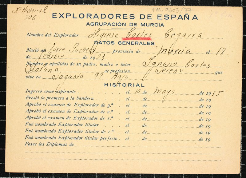 Ficha personal del explorador Higinio Cortés Cegarra