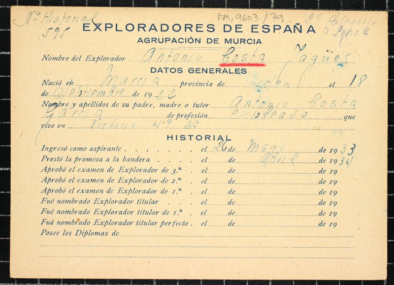 Ficha personal del explorador Antonio Costa Yagües