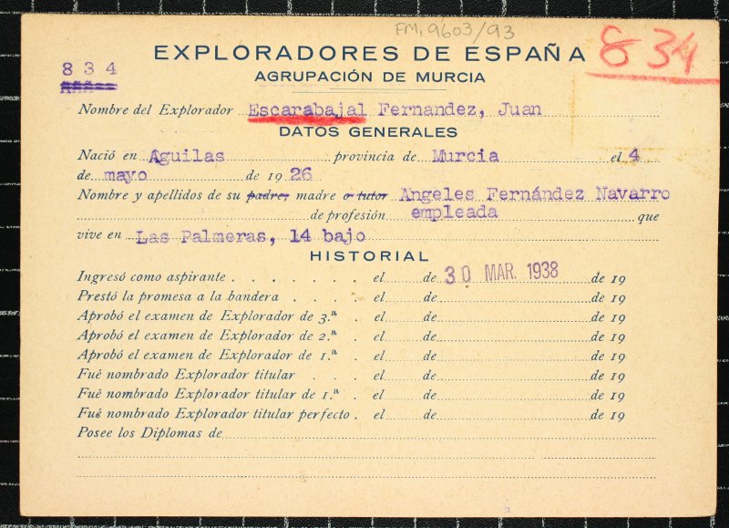Ficha personal del explorador Juan Escarabajal Fernández