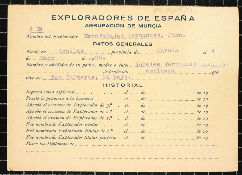 Ficha personal del explorador Juan Escarabajal Fernández