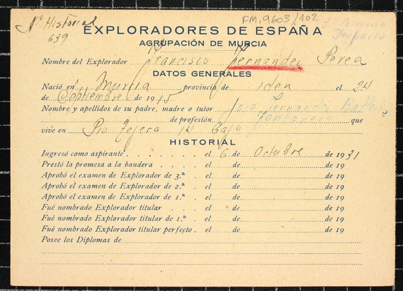 Ficha personal del explorador Francisco Fernández Perea