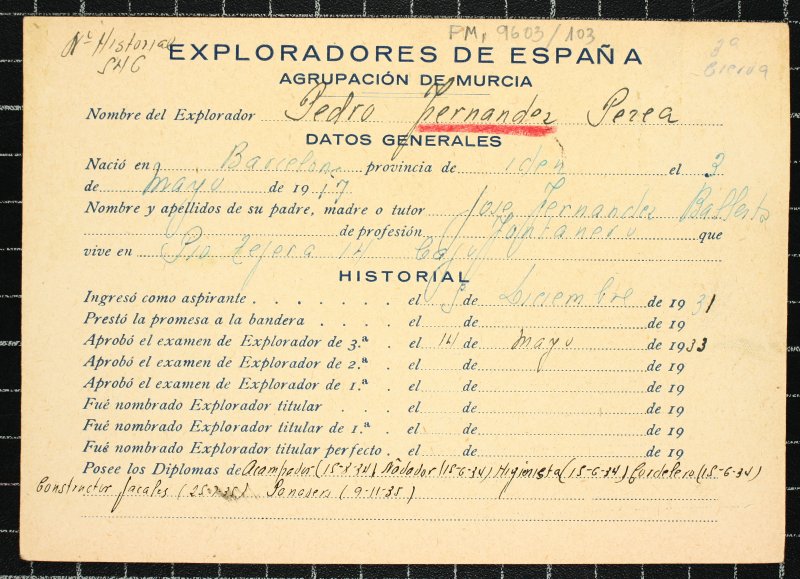 Ficha personal del explorador Pedro Fernández Perea