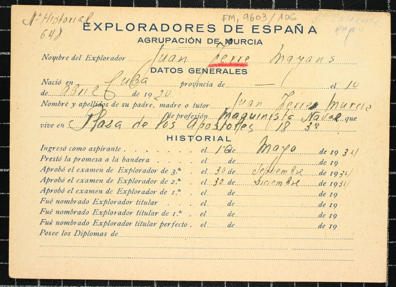 Ficha personal del explorador Juan Ferré Mayans