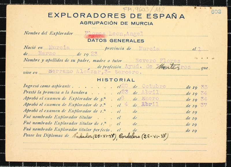 Ficha personal del explorador Ángel Flores León
