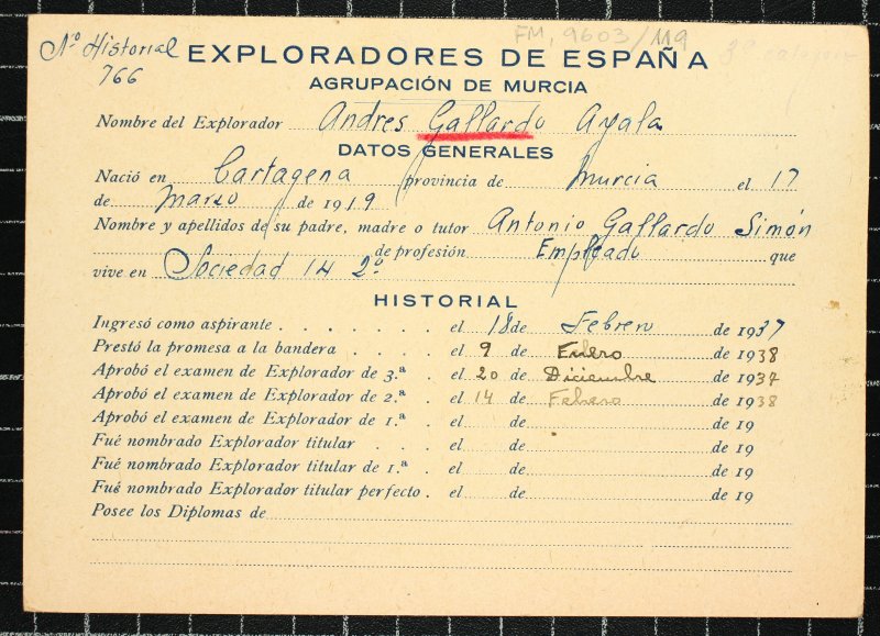 Ficha personal del explorador Andrés Gallardo Ayala