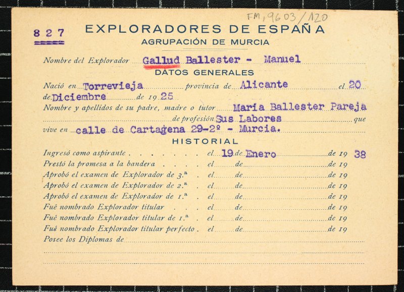 Ficha personal del explorador Manuel Gallud Ballester