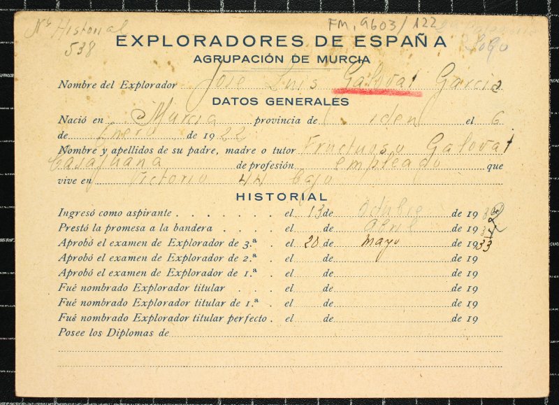 Ficha personal del explorador José Luis Galovart García