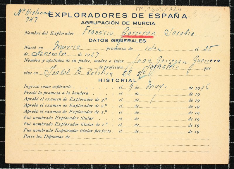 Ficha personal del explorador Francisco Garcerán Sarabia