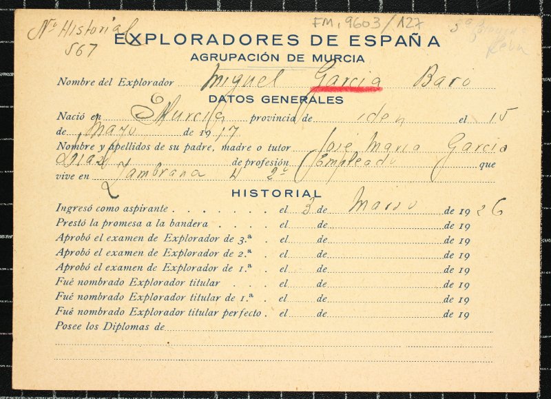 Ficha personal del explorador Miguel García Baró
