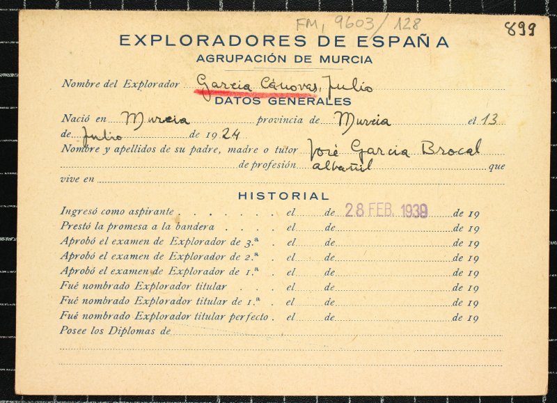 Ficha personal del explorador Julio García Cánovas