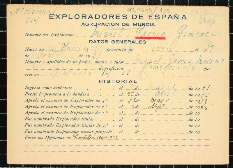 Ficha personal del explorador Miguel García Giménez