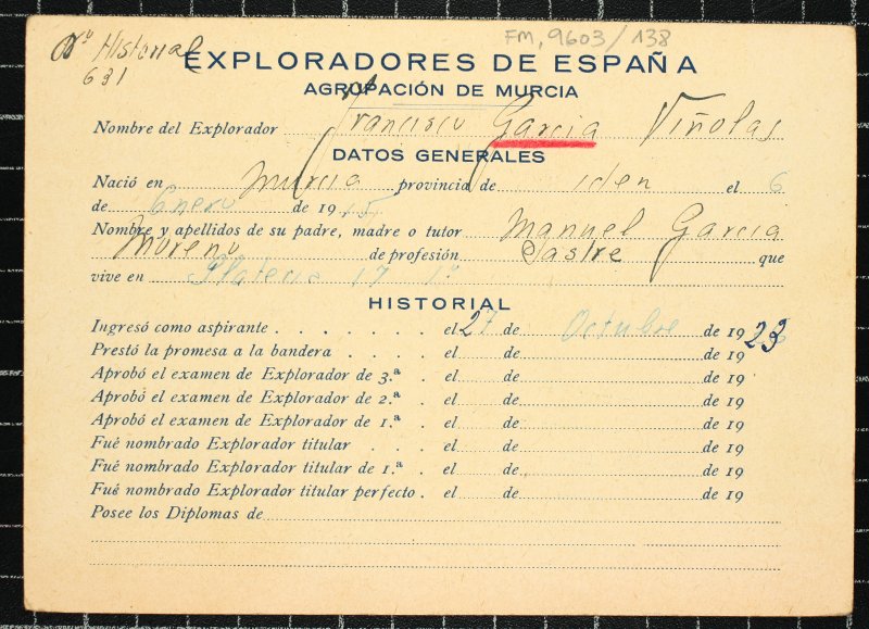 Ficha personal del explorador Francisco García Viñolas