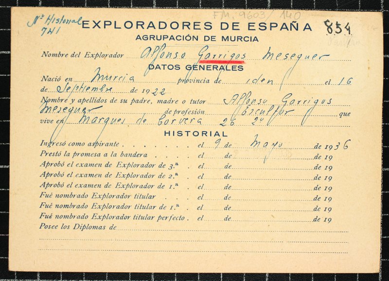 Ficha personal del explorador Alfonso Garrigós Meseguer