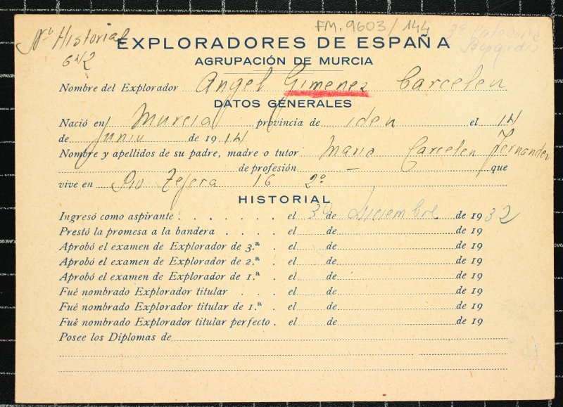 Ficha personal del explorador Ángel Giménez Carcelén