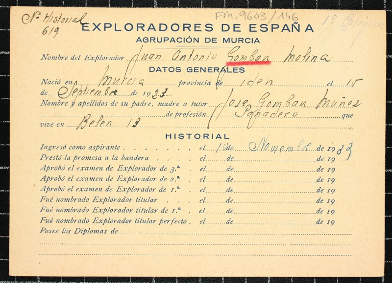 Ficha personal del explorador Juan Antonio Gomban Molina