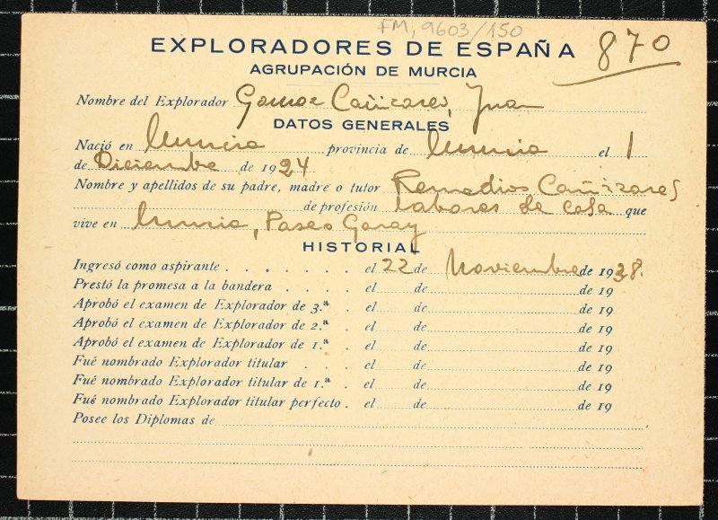 Ficha personal del explorador Juan Gómez Cañizares