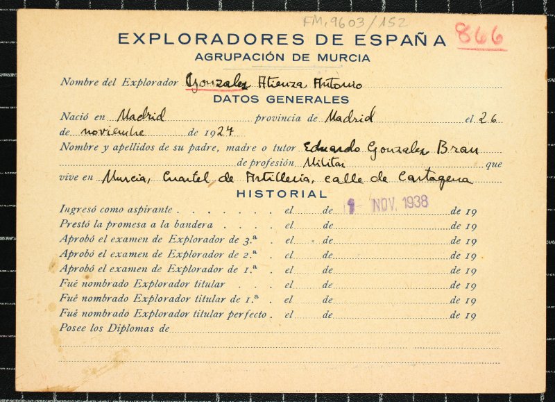 Ficha personal del explorador Antonio González Atienza