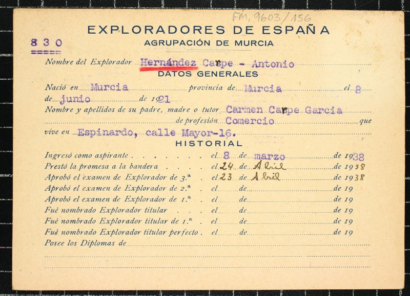 Ficha personal del explorador Antonio Hernández Carpe