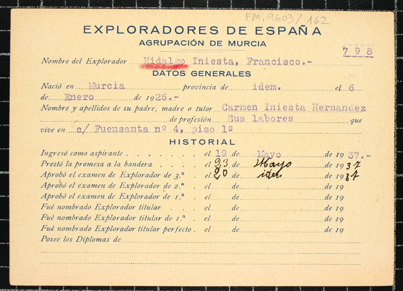 Ficha personal del explorador Francisco Hidalgo Iniesta
