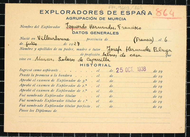 Ficha personal del explorador Francisco Izquierdo Hernández