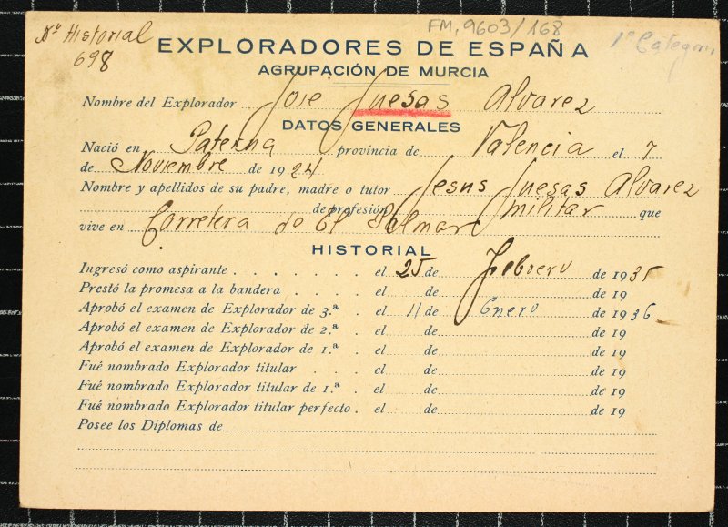 Ficha personal del explorador José Juesas Álvarez