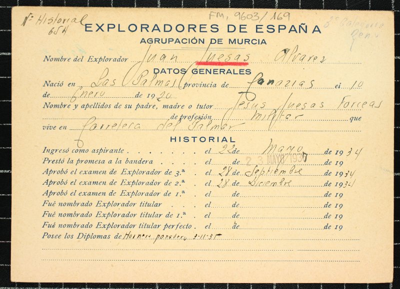 Ficha personal del explorador Juan Juesas Álvarez