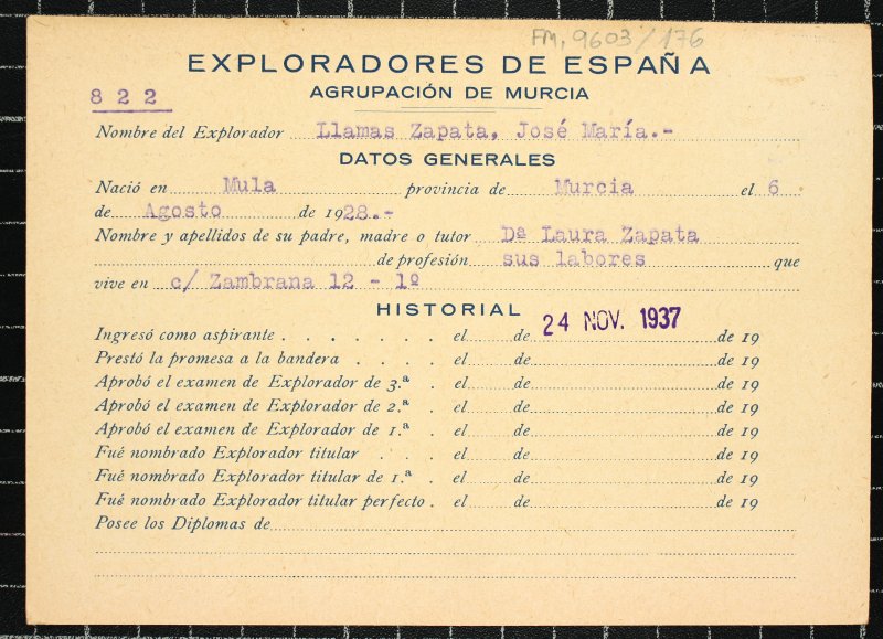 Ficha personal del explorador José María Llamas Zapata