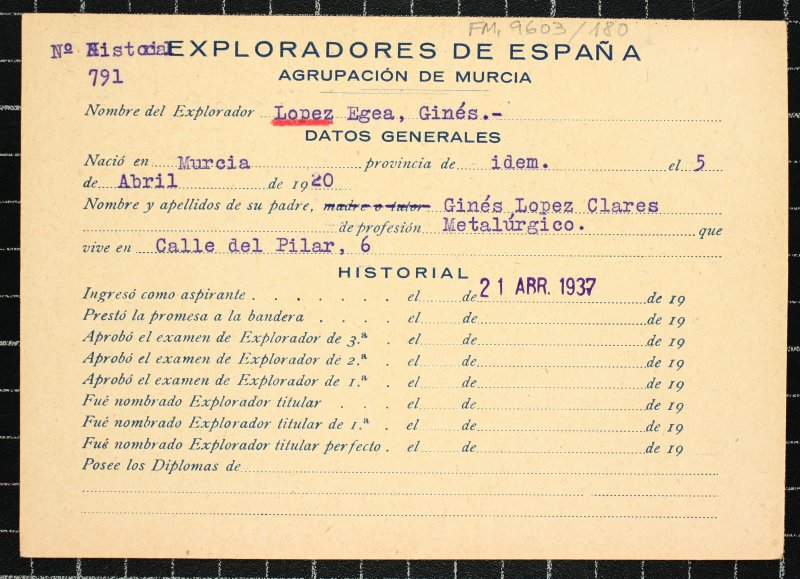 Ficha personal del explorador Ginés López Egea