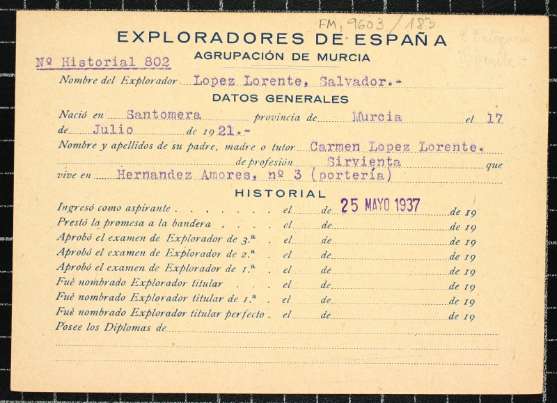 Ficha personal del explorador Salvador López Lorente
