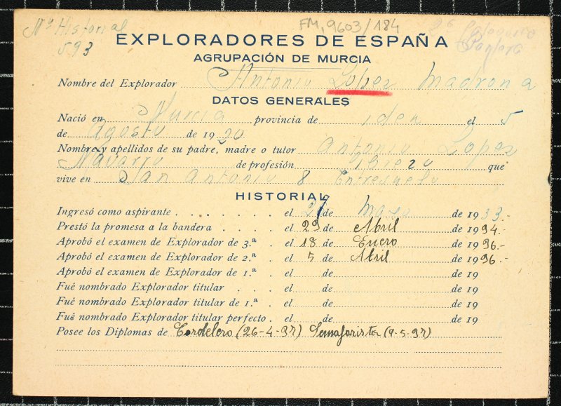 Ficha personal del explorador Antonio López Madrona