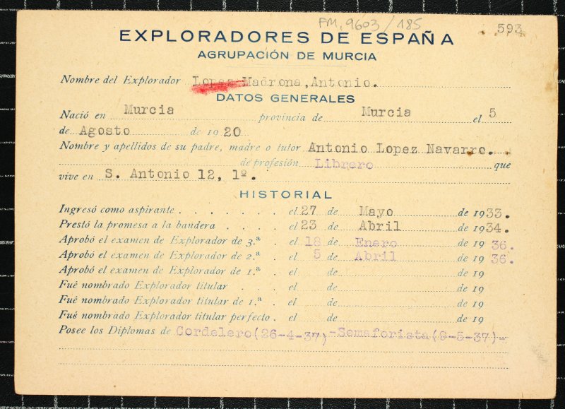 Ficha personal del explorador Antonio López Madrona