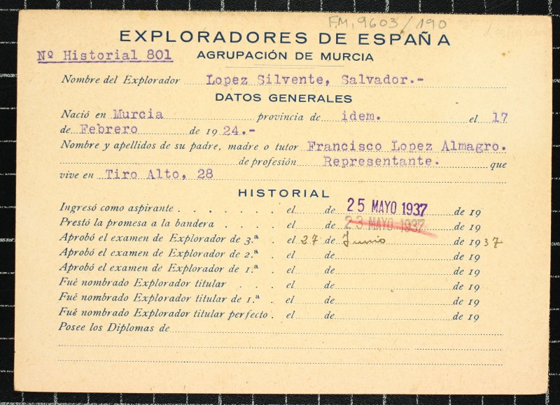 Ficha personal del explorador Salvador López Silvente