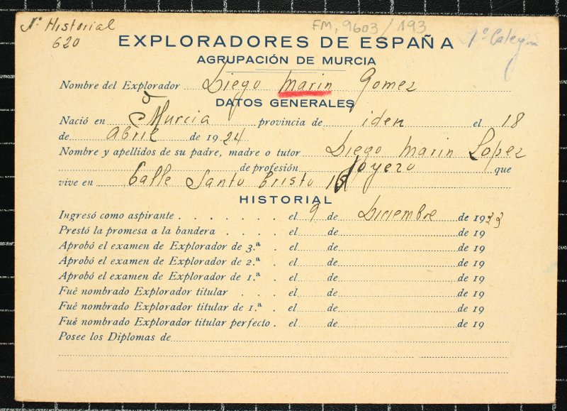 Ficha personal del explorador Diego Marín Gómez