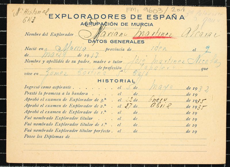 Ficha personal del explorador Mariano Martínez Alcaraz