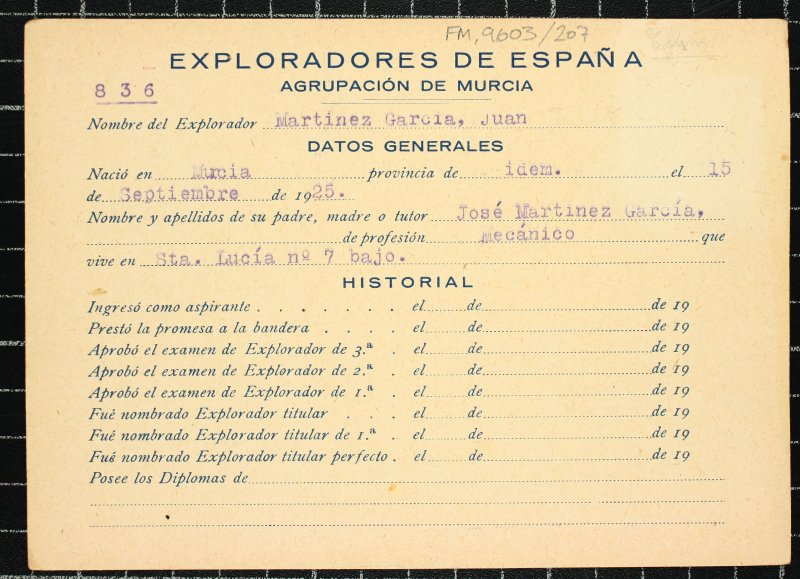 Ficha personal del explorador Juan Martínez García