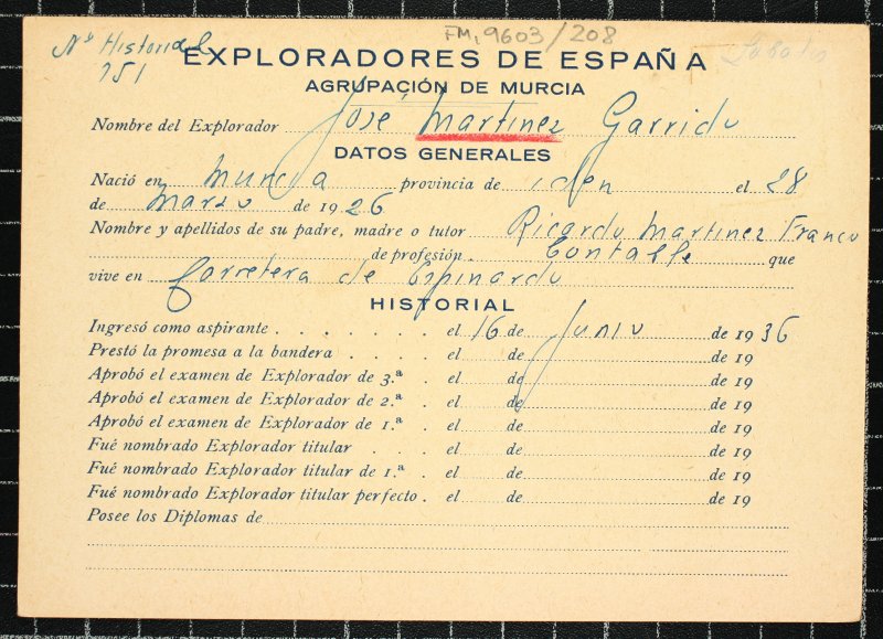 Ficha personal del explorador José Martínez Garrrido