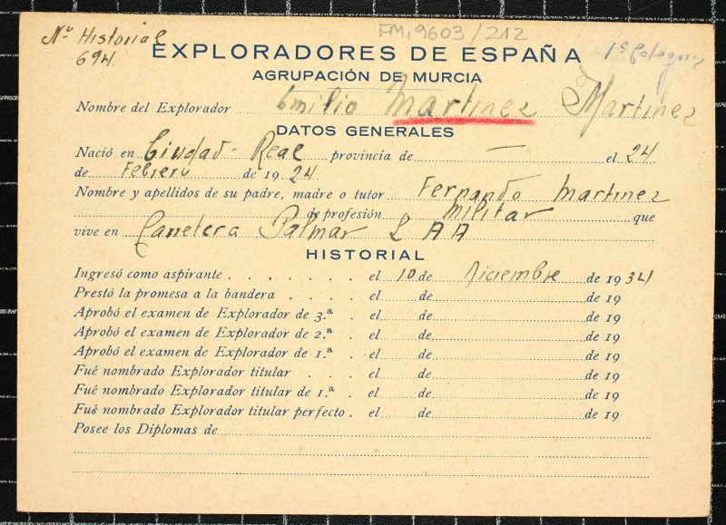 Ficha personal del explorador Emilio Martínez Martínez