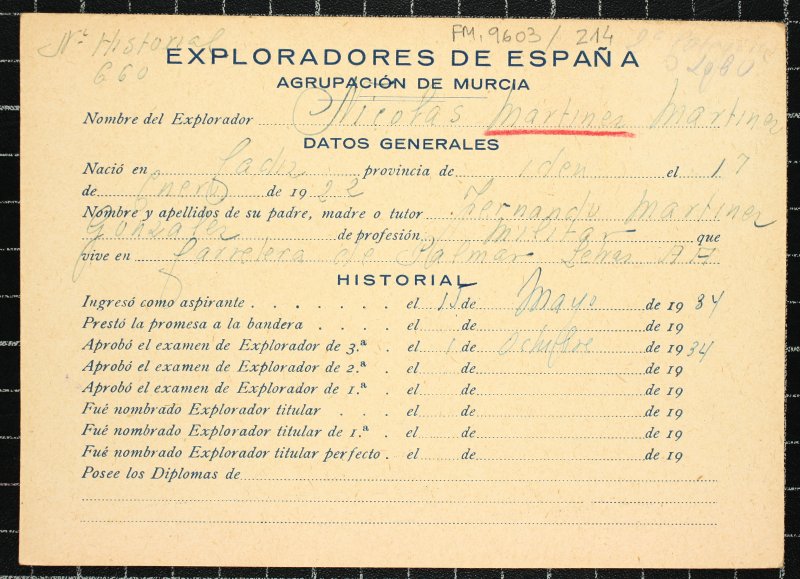 Ficha personal del explorador Nicolás Martínez Martínez