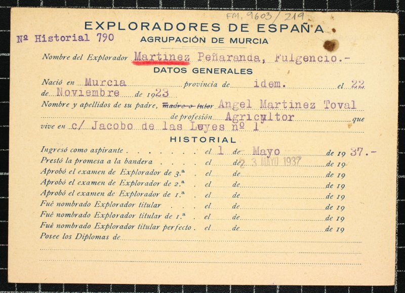 Ficha personal del explorador Fulgencio Martínez Peñaranda