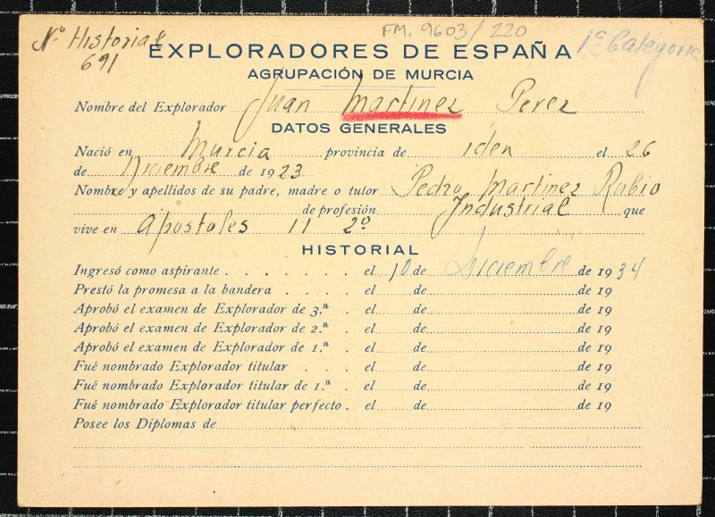 Ficha personal del explorador Juan Martínez Pérez