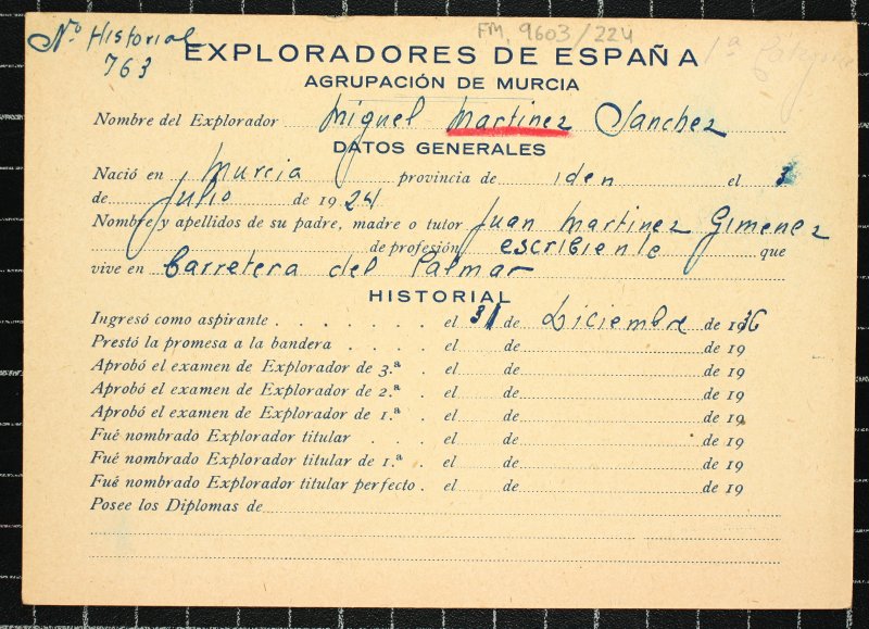 Ficha personal del explorador Miguel Martínez Sánchez