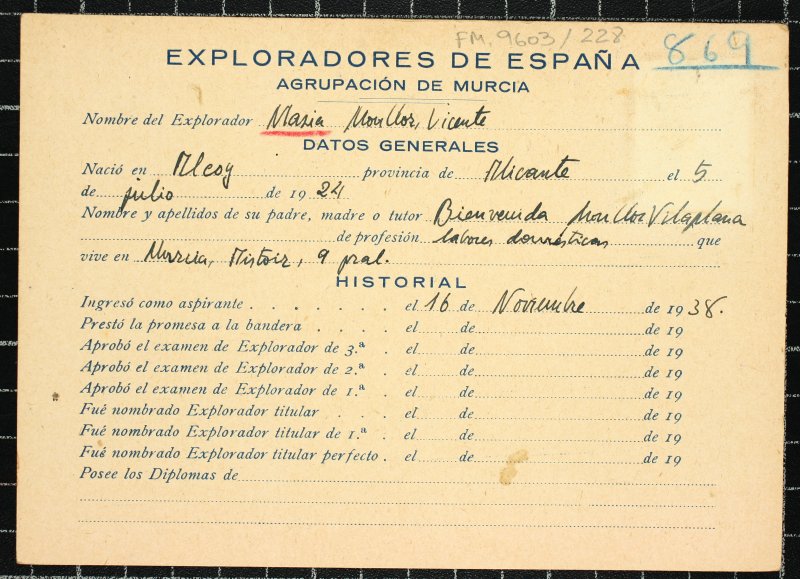 Ficha personal del explorador Vicente Masía Monllor