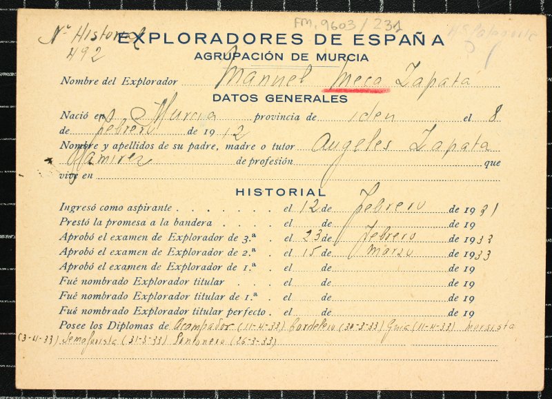 Ficha personal del explorador Manuel Meca Zapata