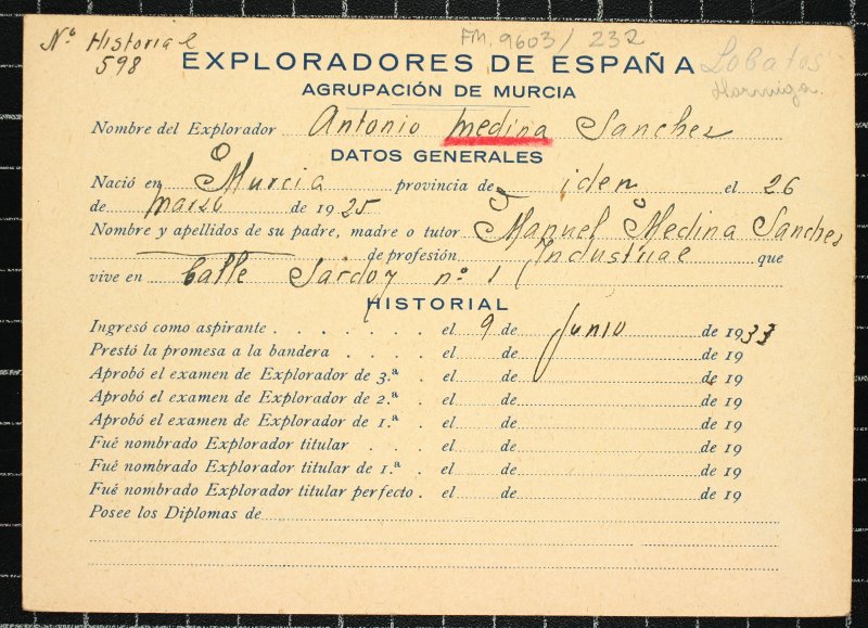 Ficha personal del explorador Antonio Medina Sánchez