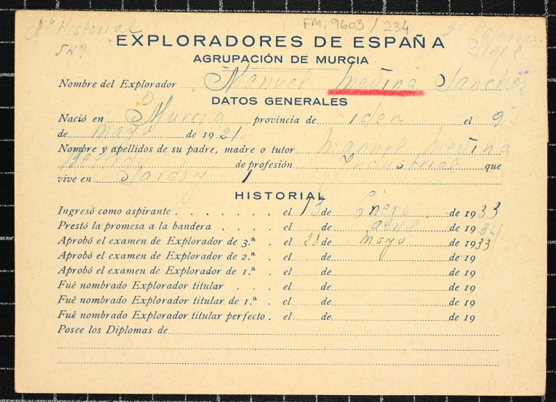 Ficha personal del explorador Manuel Medina Sánchez
