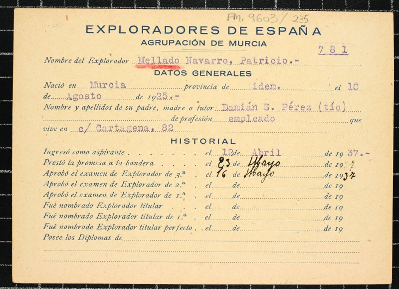 Ficha personal del explorador Patricio Mellado Navarro