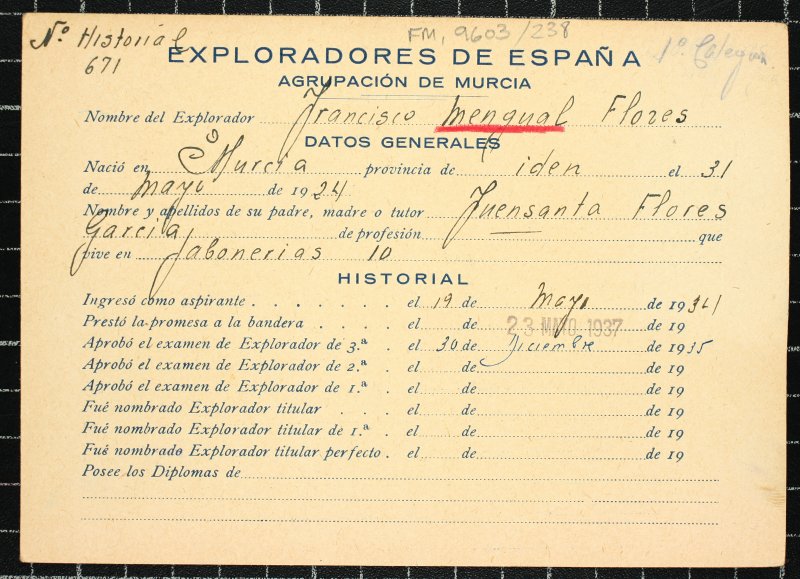 Ficha personal del explorador Francisco Mengual Flores