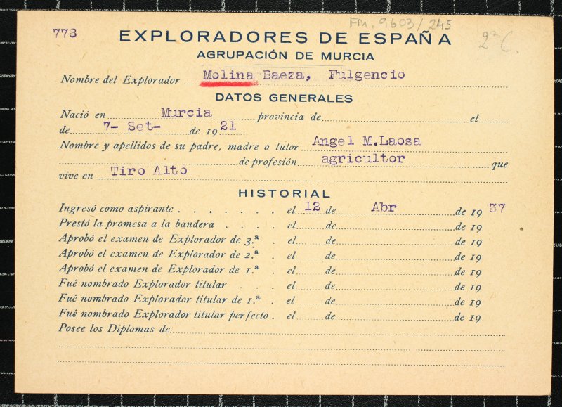 Ficha personal del explorador Fulgencio Molina Baeza