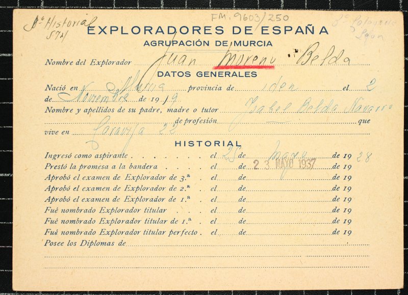 Ficha personal del explorador Juan Moreno Belda